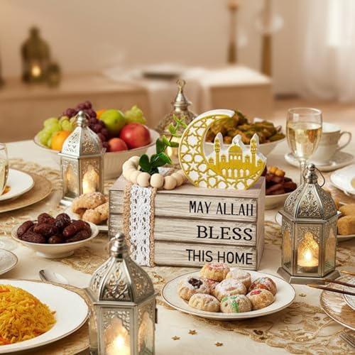 Eid Mubarak Decorations for Home Ramadan Decorations Wood Ramadan Mubarak Table Sign Golden Moon Eid Tiered Tray Sign for Islamic Muslim Table Indoor Shelf Office Gifts - Image 3