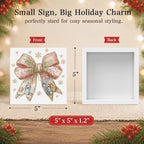 Pink Christmas Decor, Christian Christmas Decorations Indoor, Glitter Bow Nativity Scene Snowflake Sign Gift for Women Friends, Rustic Wooden Box Sign for Home Office Bedroom Desk Decor 5x5 Inches - Image 2