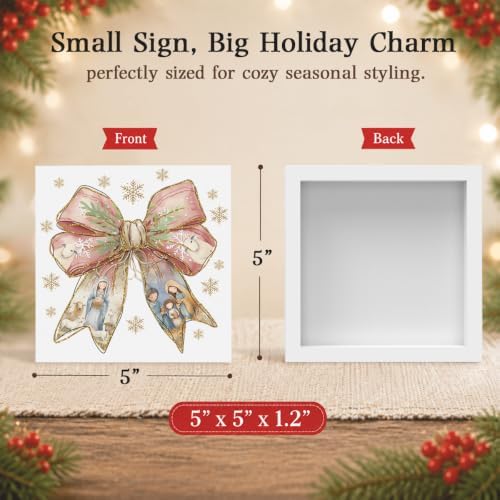 Pink Christmas Decor, Christian Christmas Decorations Indoor, Glitter Bow Nativity Scene Snowflake Sign Gift for Women Friends, Rustic Wooden Box Sign for Home Office Bedroom Desk Decor 5x5 Inches - Image 2