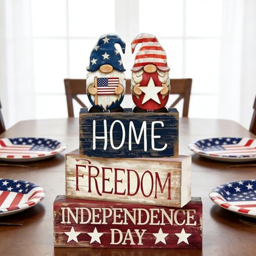 4th of July Table Decorations Patriotic Memorial Day Tiered Tray Decor Wooden Gnome Block Signs Independence Farmhouse 250th July Fouth Centerpiece for Tables Wooden Sign for Home Decor - Image 2