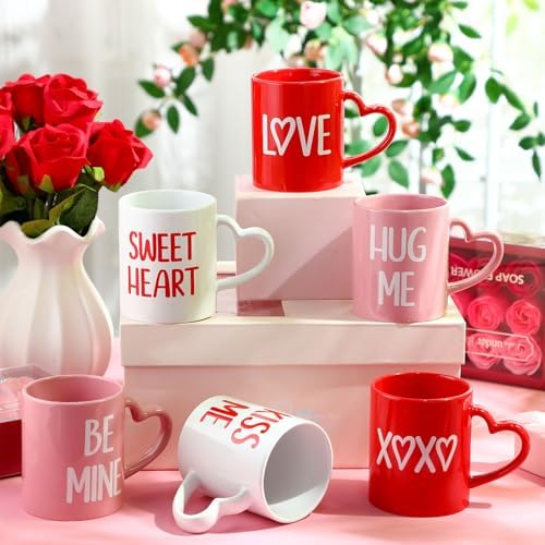 Valentines Coffee Mug Set of 6, 10 oz Valentines Mugs with Handle Pink Red White Ceramic Enamel Cups for Gift Party Supplies - Image 3