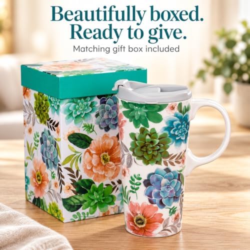 Topadorn 17oz Ceramic Travel Mug with Lid, Succulent Floral Coffee Mug - Image 2