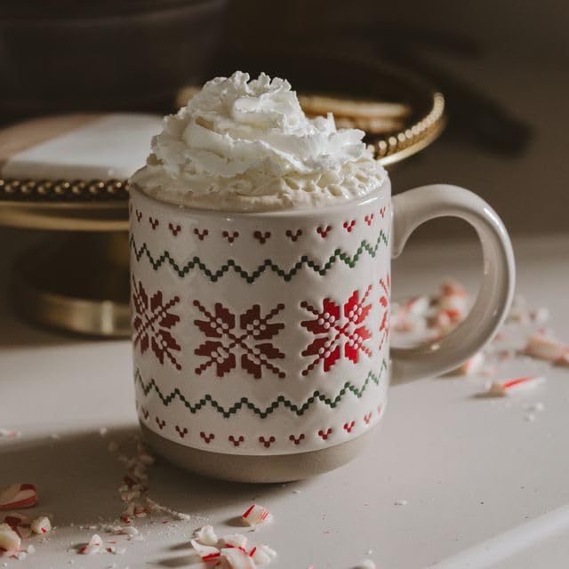 Sweet Water Decor Beige Fair Isle Coffee Mug, 14oz Stoneware Christmas Cup - Image 2