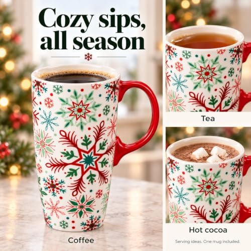 Topadorn 17oz Ceramic Travel Mug with Lid, Christmas Snowflake Coffee Mug - Image 4