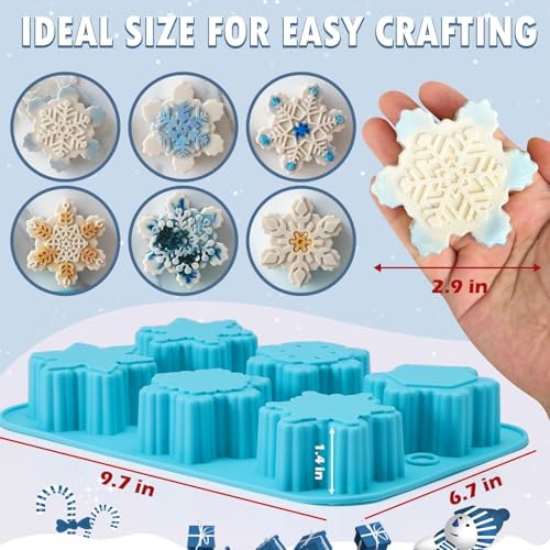 HKNMTT Snowflake Christmas Silicone Mold 12 Cavity 6 Shapes for Holiday Soap Chocolate Cocoa Bomb Ice Candy Oreo Covered Jello Xmas Winter Wax, Oven Safe Baking Frozen Moulds DIY Candle Craft Set - Image 2