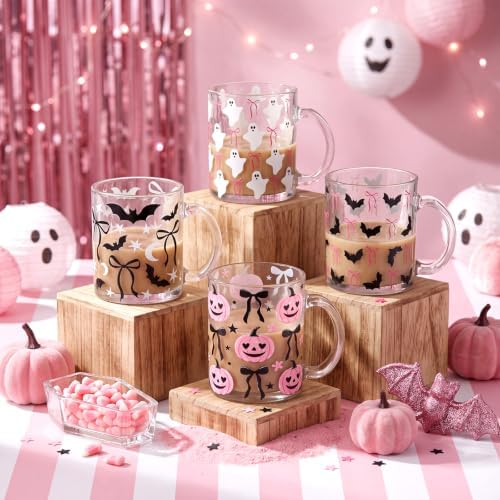 Tioncy 4 Pcs Halloween Coffee Mugs 12 oz Glass Pink Bow - Image 2