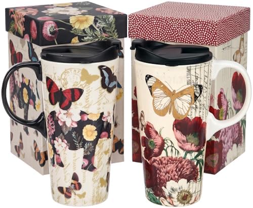 Topadorn 17oz Ceramic Travel Mugs with Lids, Butterfly Floral Mug Set of 2 by Topadorn