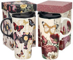 Topadorn 17oz Ceramic Travel Mugs with Lids, Butterfly Floral Mug Set of 2 by Topadorn