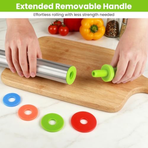 Stainless Steel Dough Roller Pins with Handle for Baking, Adjustable Rolling Pin with Thickness Rings for Cookie Decorating, Kitchen Baking Essential Tools for Fondant Cake Baker Pizza Cookie - Image 4