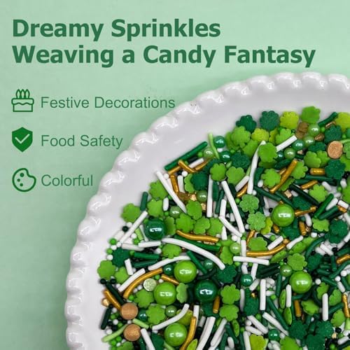 Green Sprinkles for Cake Decorating, ST Patricks Day Spring Sprinkles Mix with Shamrock Clover Jimmies Nonpareils for Ice Cream Cupcakes Baking Cookies Cake Topping - Image 3