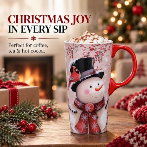 Topadorn Christmas Ceramic Travel Mug with Lid, 17 oz, Snowman & Cardinal - Image 4