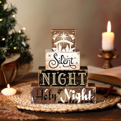 Moucuny 4 Pcs Christmas Holy Night Table Decor Farmhouse Wooden Block Signs - Image 5