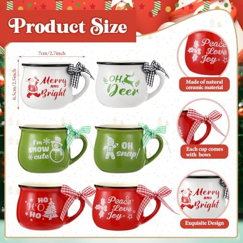 Potchen 6 Pcs 5 oz Christmas Coffee Mugs with Ribbons,Cute - Image 2