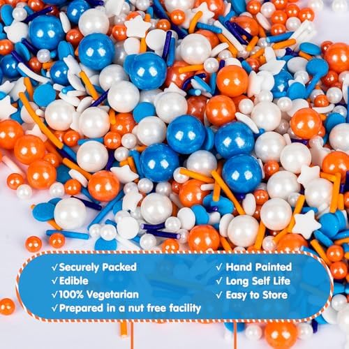 Edible Blue Orange Sprinkles for Cake Decorating,130g White Stars Pearls and Jimmies Mix,Round Sugar Confettis Sprinkle,Cupcake,Cookies,Donut,Basketball Soccer Sports Themed Holiday Dessert Toppings,Birthday Celebration Supplies - Image 6