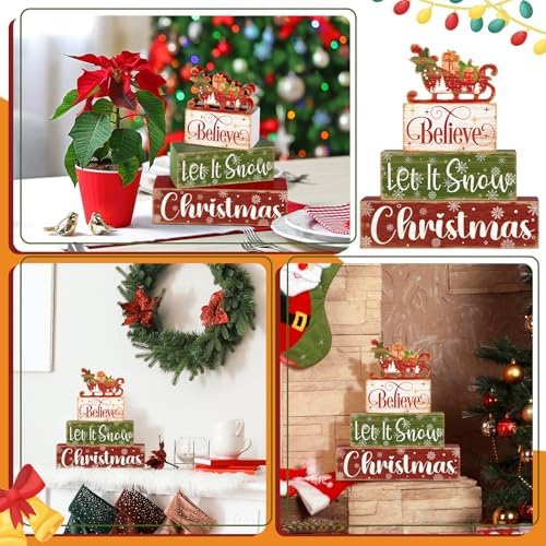 Moucuny 4 Pcs Christmas Sleigh Table Decorations Xmas Wood Block Signs - Image 6