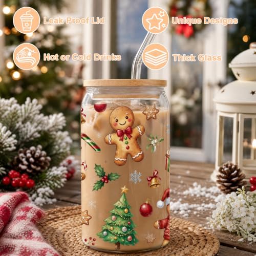 Christmas Gingerbread Glass Cup with Lid Straw Xmas Holiday Gifts - Image 4