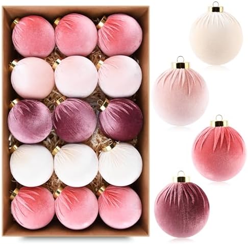 Velvet Christmas Ornaments Balls for Tree - 15pcs Pink Christmas Ornaments Shatterproof for Xmas Decorations - Multicolor Pink & Beige 80mm 3.15inch by GraduationDecorations2023