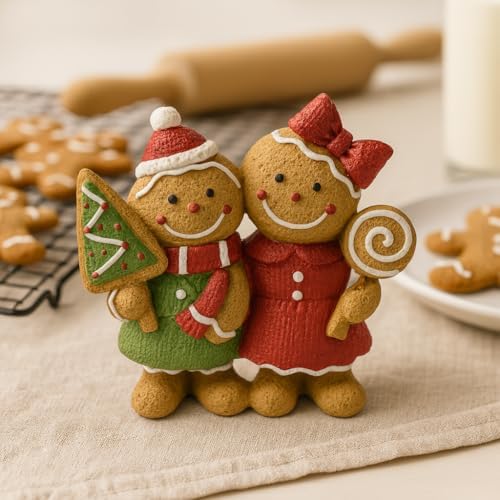 Christmas Gingerbread Couple Resin Figurine – Hand-Painted Holiday Décor, Boy with Tree Cookie & Girl with Bow and Swirl Lollipop, Tabletop/Mantel Accent (Brown Gingerbread) - Image 7