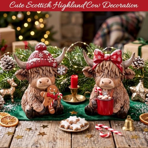 2 Pcs Christmas Highland Cow Figurines, Resin Christmas Decor - Image 2
