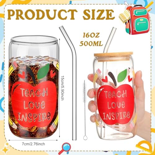 SiliFine 6 Pcs Teacher Pencil Apple Glass Cups, 16 oz with Lids and Straws - Image 4