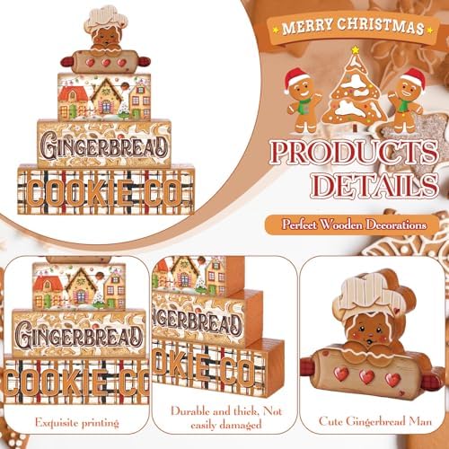 Moucuny 4 Pcs Christmas Gingerbread Table Decorations Wooden Block Signs - Image 3
