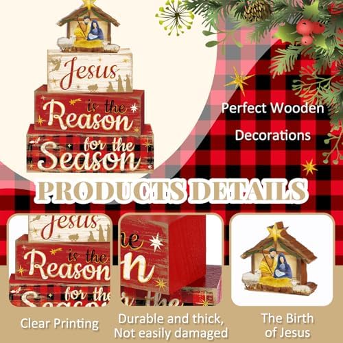 Moucuny 4 Pcs Christmas Nativity Table Decorations Xmas Jesus Block Signs - Image 3