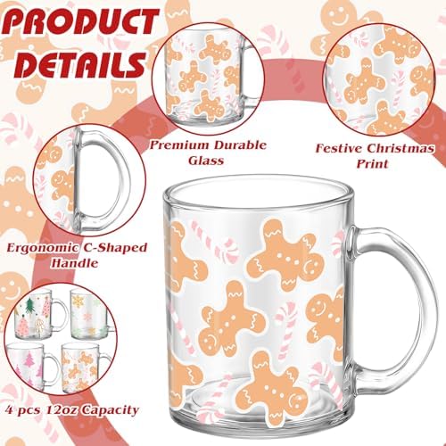 Tioncy 4 Pcs Christmas Coffee Mugs 12 oz Christmas Glass Cups with Handle - Image 3