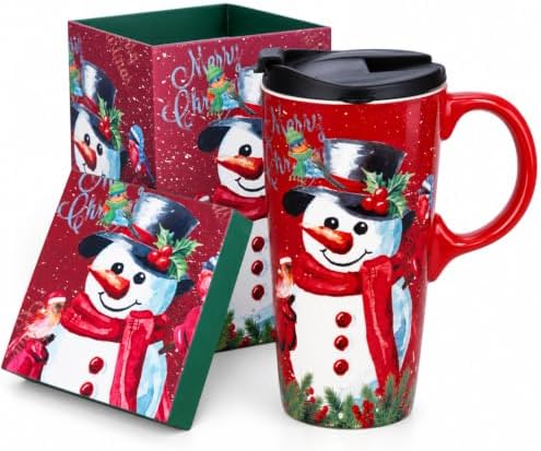 Topadorn Christmas Ceramic Travel Mug with Lid , 17 oz Snowman Coffee Cup by Topadorn