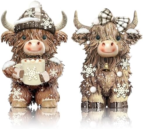 2 Pack Winter Highland Cow Figurine Decor, Resin Winter Theme Decor by Burbell