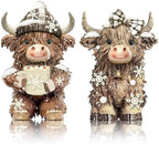2 Pack Winter Highland Cow Figurine Decor, Resin Winter Theme Decor by Burbell