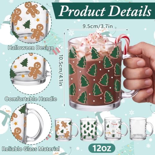 Bokon 4 Pcs Christmas Glass Coffee Mugs with Handle, 12 oz - Image 3