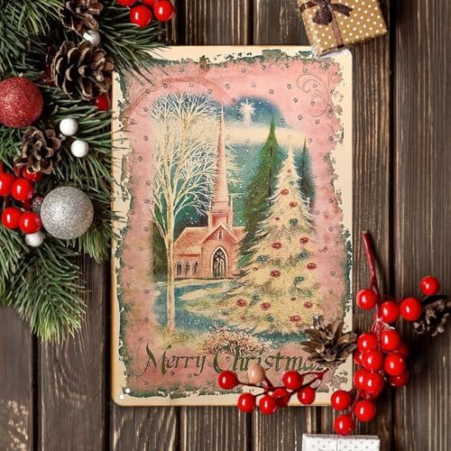 Artlunar Vintage Xmas Decor Rustic Pink Christmas Church Merry Christmas Tin Sign for Home Farmhouse Kicthen Cafe Bar Wall Decor 8 x 12 Inch (3250) - Image 7