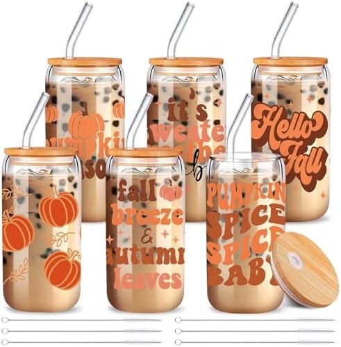 SiliFine 6 Pcs Fall Glass Cups, 16 oz with Lids and Straws by SiliFine