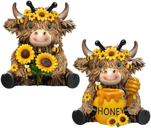 2 Pack Bee Highland Cow Figurine Decor, Bee Deor for Home - Image 6