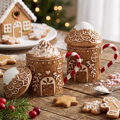Potchen 2 Pcs Christmas Ceramic Gingerbread House Mugs with Lids - Image 3