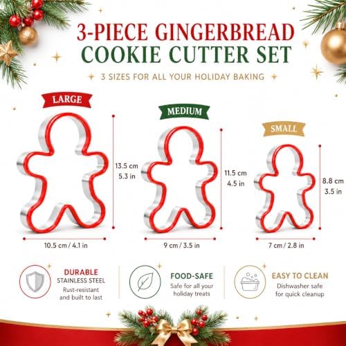 Gingerbread Man Cookie Cutters Set, 3 PCS Gingerbread Man Biscut Cutters Set Stainless Steel Christmas Cookie Cutters with Red Environmental PVC - 5.3/4.5/3.5IN - Image 2