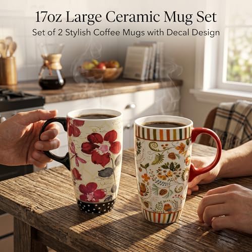 Topadorn Ceramic Travel Mugs Set of 2, 17oz Flora Coffee Mug with Lids - Image 2
