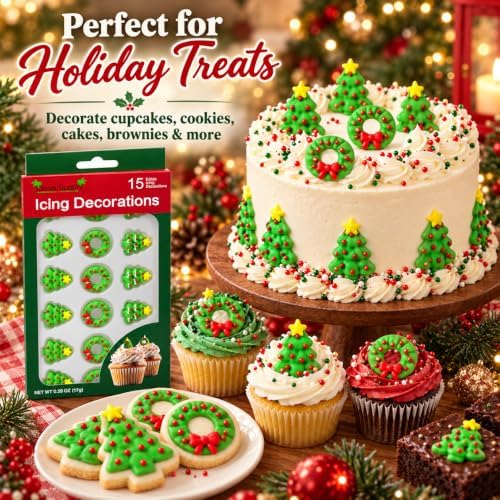 Oasis Supply Christmas Trees & Wreaths Edible Icing Decorations – 15 Count – Holiday Cake & Cupcake Toppers for Cookies, Cakes, Cupcakes & Desserts - Image 4