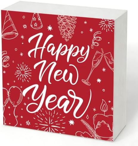 Happy New Year Wood Box Sign, Festive Party Decor for Tabletop Shelf by Unknown