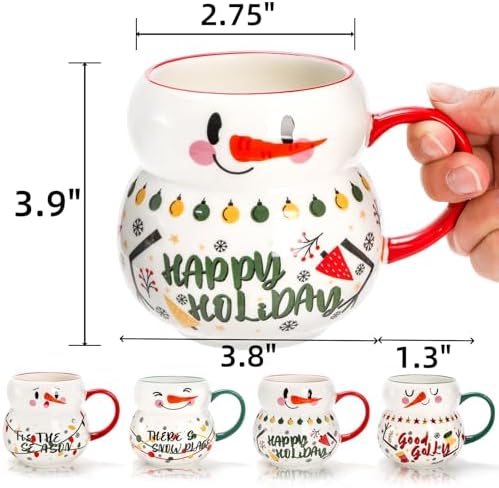 Noamus 4 Pack Christmas Mugs Set, 15oz Ceramic Snowman Coffee Cup, Stackable Holiday Xmas Tea Mug for Hot Cocoa Cold Water Milk, Housewarming Gift Home Decor, Dishwasher Microwave Safe(4 Styles) - Image 2