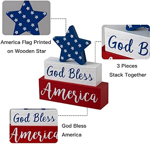 MEETYAMOR 4th of July Decorations, Memorial Day God Bless America Wooden Block Sign with Star, 250th Anniversary Patriotic Independence Day Decor for The Home Tiered Tray Shelf Table Tabletop Mantel - Image 4