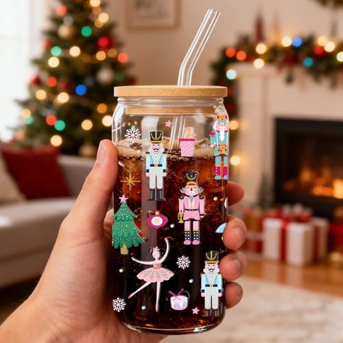 Christmas Nutcracker Gifts 16Oz Glass Coffee Cups with Lid Straw - Image 4