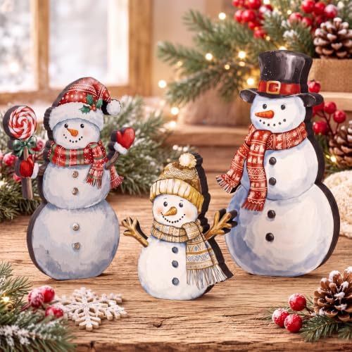 Suzile 3 Pcs Christmas Snowman Decoration Rustic Wooden Winter Indoor Decor - Image 4