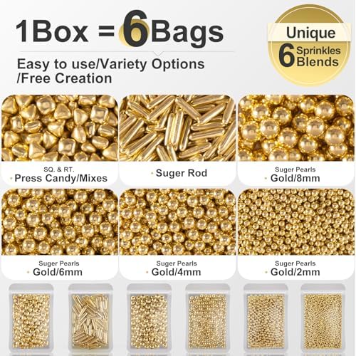 HUEBEATY® 6-in-1 Metallic Gold Dragees Sprinkles for Cake Decorating, Cupcakes & Cookies | 180g/6.36oz | Birthdays, Weddings, Holiday, Christmas Fancy Gold Cake Candy Pearls Sprinkles and Decorations - Image 3
