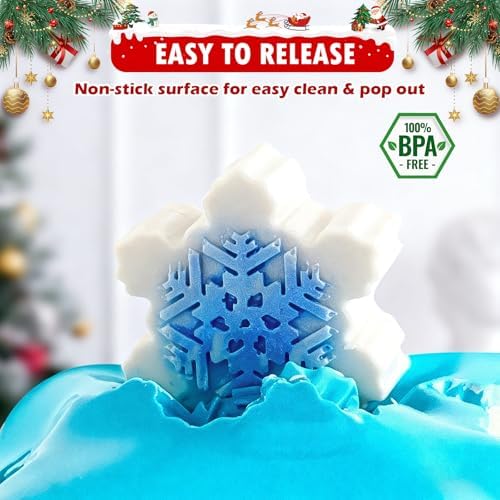 HKNMTT Snowflake Christmas Silicone Mold 12 Cavity 6 Shapes for Holiday Soap Chocolate Cocoa Bomb Ice Candy Oreo Covered Jello Xmas Winter Wax, Oven Safe Baking Frozen Moulds DIY Candle Craft Set - Image 3