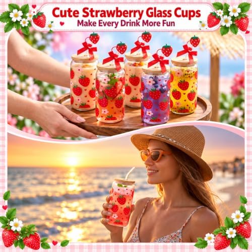 Vesici 6 Pcs Strawberry Glasses with Lid Straw and Stopper, Strawberry Gift - Image 7