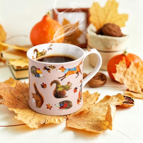 Fall Animal Coffee Mug, 12oz Ceramic Autumn Mug with Woodland Fox, Squirrel & Hedgehog in Scarves & Leaves, Cozy Fall Gift for Nature Lovers, Designed in England by Harvest Green Studio - Image 2