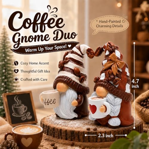 Hodao Coffee Bar Gnome Decor Set of 2 Resin Coffee Lover Gifts with Mugs - Image 2
