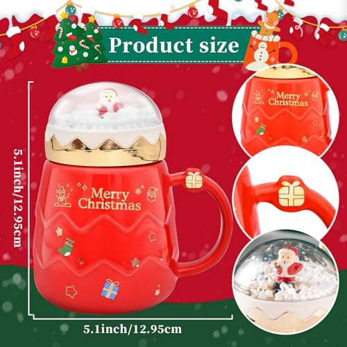 17.6 oz Christmas Mug with Winter Snow Globes Lid Decorations, Large Cute Festive Ceramic Coffee Cup, Winter Xmas Birthday Tabletop Drinkware Teacup Gifts for Adults Kids Men Women (Red) - Image 2