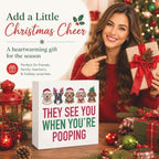 Christmas Bathroom Decor, Funny Dogs Christmas Decorations, Bow Santa Hat Bathroom Table Decoration They See You When You're Pooping Wooden Box Sign, Home Shelf Desk Decor for Toilet 5x5 Inches - Image 6